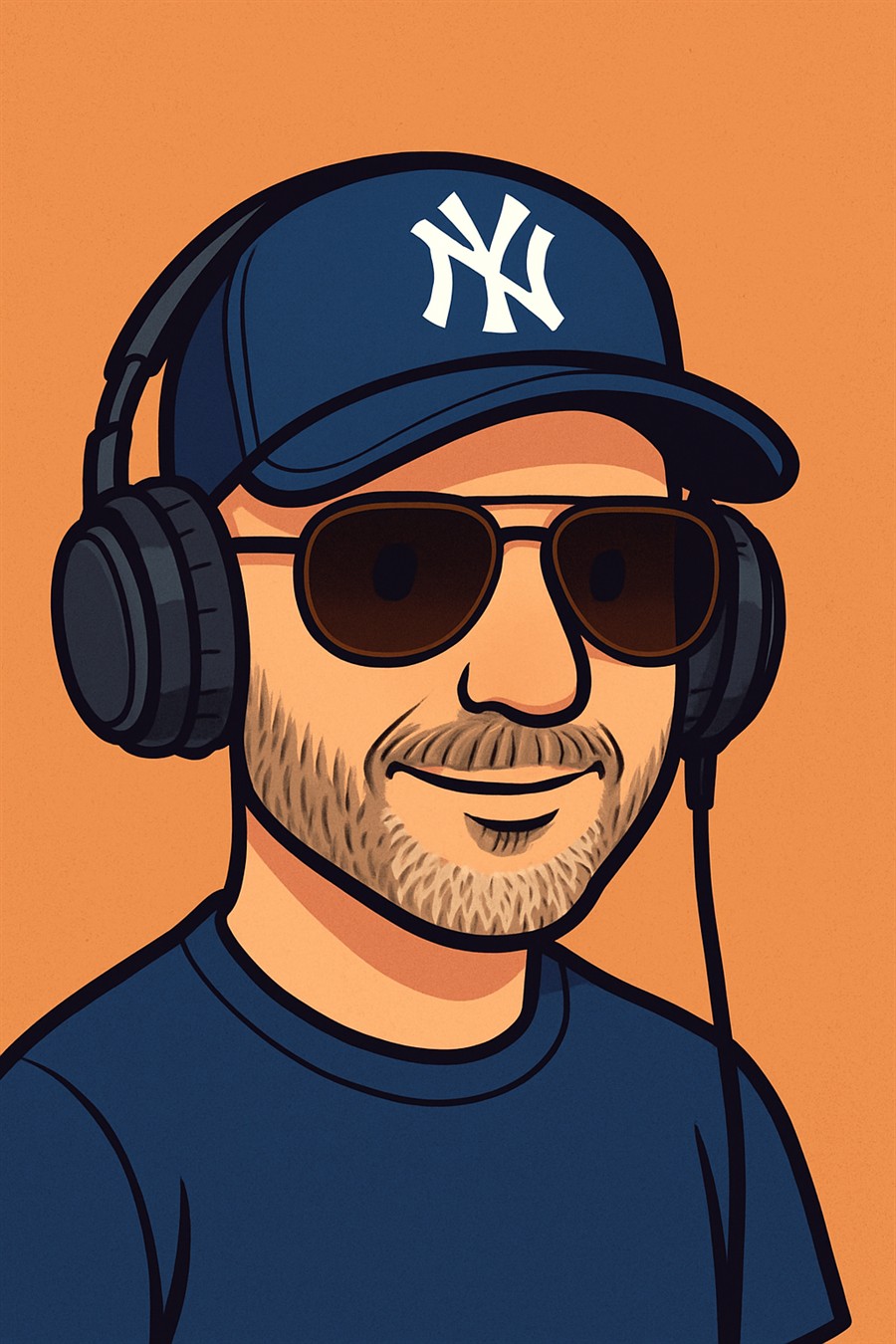 Illustrated portrait of DJ Haux wearing headphones, a navy NY cap and sunglasses
